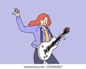 Woman with guitar plays rock music at concert and enjoys creative hobby and winks looking at screen. Happy young girl with white guitar is casting for popular musical television show