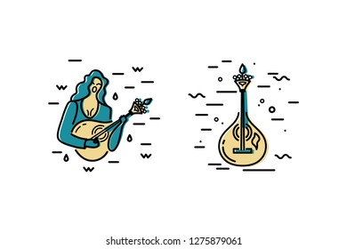 Woman with guitar is singing a song. Acoustic guitar logo design. Portuguese fado guitar. Flat and line style vector illustration.