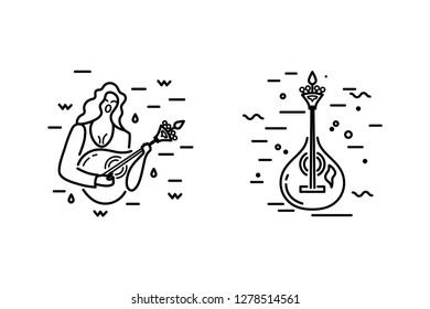 Woman With Guitar Is Singing A Song. Acoustic Guitar Logo Design. Portuguese Sad Song Fado. Flat And Line Style Vector Illustration.