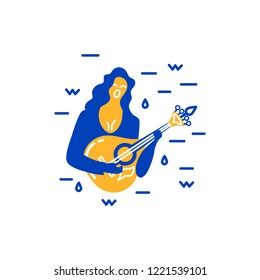 Woman With Guitar Is Singing A Song. Vector Logo Design. Portuguese Sad Song Fado. Flat And Line Style Vector Illustration.