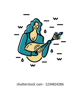 Woman With Guitar Is Singing A Song. Vector Logo Design. Portuguese Sad Song Fado. Flat And Line Style Vector Illustration.