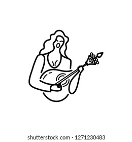 Woman with guitar is singing a song. Vector logo design. Portuguese sad song Fado. Line style vector illustration.