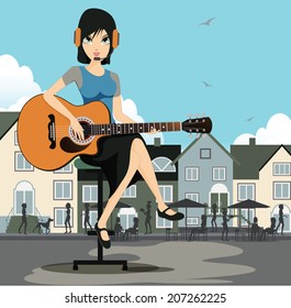 Woman guitarist with a background as a restaurant.