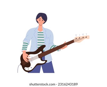 Woman guitarist character playing electric bass guitar musical instrument vector illustration