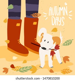 Woman In Gumboots Playing With Dog In Fall And Lettering Autumn Days. Illustration Is For Your Card, Poster, Flyer.