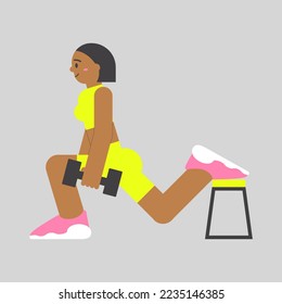 Woman in gym doing bulgarian split squat exercise. Flat female character at glute routine workout in trendy neon sportwear suit with dumbbell. Minimal vector illustration for healthy graphic design.