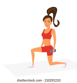 Woman at the gym is doing lunge exercise. Isolated on white