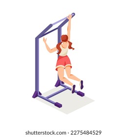 Woman at Gym Doing Pull Ups as Sport Training and Workout Vector Illustration