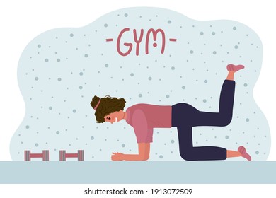 A woman in the gym. A woman with dumbbells and fitness equipment in the gym, training people. Vector illustration