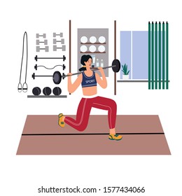 Woman is in gym fitness. Young Girl is lifting weight Exercise in lunge. Workout concept. Everyday routine. Flat colorful vector illustration.