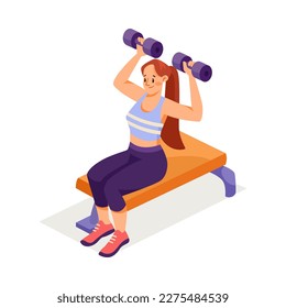 Woman at Gym Lifting Dumbbells as Sport Training and Workout Vector Illustration