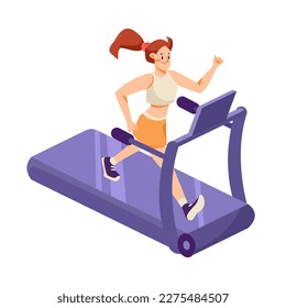 Woman at Gym Running on Treadmill as Sport Training and Workout Vector Illustration