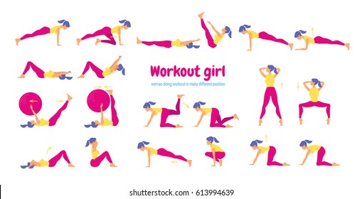 Woman in gym. Set of gym icons in flat style isolated on white background