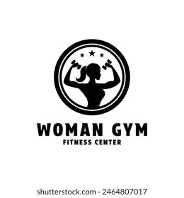 concepto de diseño del logotipo de la silueta del entrenador del gimnasio de la mujer con dumbell