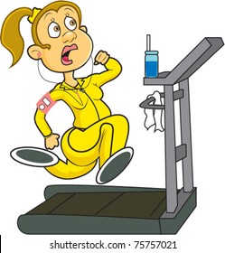 A Woman At The Gym Wearing Yellow Workout Gear Running On A Treadmill While Listening To Her MP3 Player