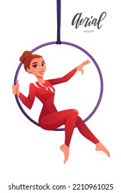 Woman gymnast in the aerial hoop. Aerialist dancer in circus. Invitation template to show or performance. Cartoon vector illustration. 