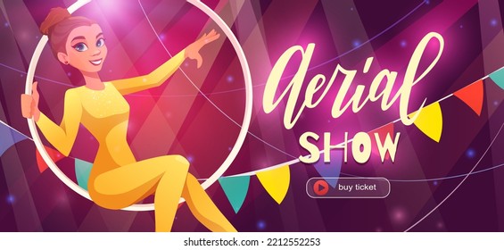Woman gymnast in the aerial hoop. Aerialist dancer in circus. Invitation template to show or performance. Cartoon vector illustration. 