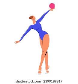 Woman gymnast with ball, dynamic pose, flat vector illustration.