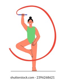 Woman gymnast with red ribbon. Strong athlete and sportswoman. Young guy with sport equipment. Elegance and aesthetics. Cartoon flat vector illustration isolated on white background