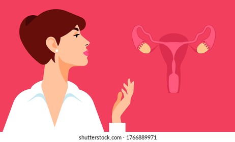 Woman gynecologist. Antenatal clinic. A young girl in a white shirt and an image of female reproductive organs. Consultation with a gynecologist and fertility specialist.