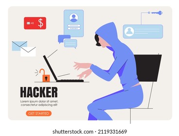 Woman hacker phishing with laptop computer stealing confidential data, personal information, user login, password, document, email and credit card. Cyber criminal phishing and fraud, online scam and s