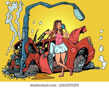 A woman had an accident with her car, crashing into a lamppost. Calling is not the solution. Safety above all.