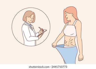 Woman had liposuction at plastic surgery clinic demonstrates result to rehabilitation doctor. Girl had liposuction stands with lines on stomach and tries on large size trousers from past