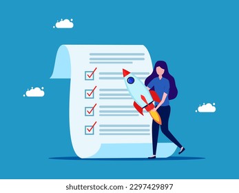 woman had a rocket and a checklist. Business planning. vector 