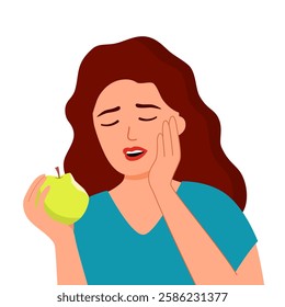 Woman had a toothache after biting apple. Sensitive teeth problem.