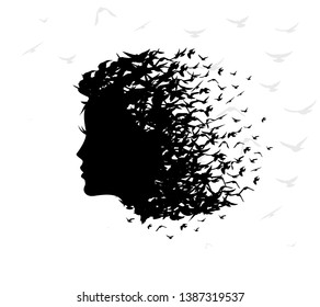 Woman with hair from birds. Vector isolated decoration element from scattered silhouettes. Conceptual illustration of beauty and style.