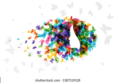 Woman with hair from butterflies. Vector isolated decoration element from scattered silhouettes. Conceptual illustration of beauty and style.