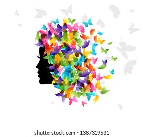 Woman with hair from butterflies. Vector isolated decoration element from scattered silhouettes. Conceptual illustration of beauty and style.