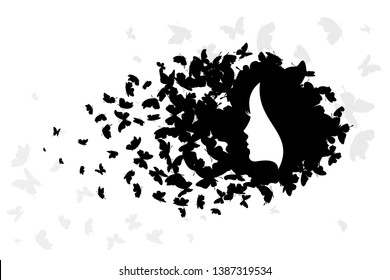 Woman with hair from butterflies. Vector isolated decoration element from scattered silhouettes. Conceptual illustration of beauty and style.