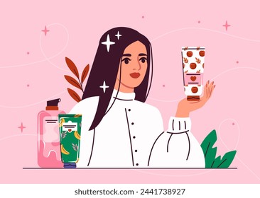 Woman with hair care. Young girl with creams and lotions in hands. Beauty, elegance and aesthetics. Cosmetics products and make up. Cartoon flat vector illustration isolated on pink background