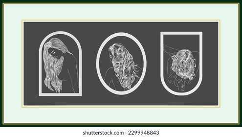 woman hair chalk sketch style set with wall decor frame, vector editable ready eps 10