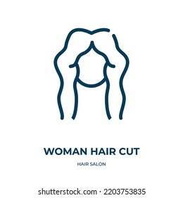 Woman hair cut icon. Linear vector illustration from hair salon collection. Outline woman hair cut icon vector. Thin line symbol for use on web and mobile apps, logo, print media.