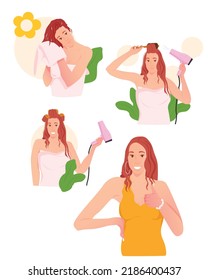Woman with hair dryer. The woman dries her hair. Comb, blow dry. Woman drying her hair with towel. Wet hair.