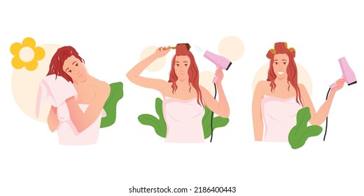 Woman with hair dryer. The woman dries her hair. Comb, blow dry. Woman drying her hair with towel. Wet hair.