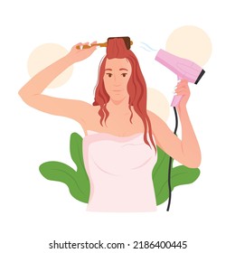 Woman with hair dryer. Woman drying her hair. With professional hair dryer. Comb, blow dry.