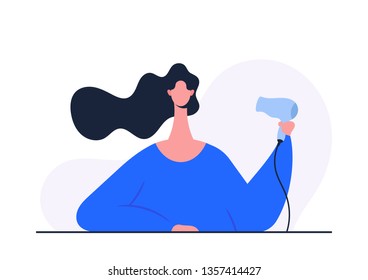 Woman with Hair Dryer. Stylized Character. Vector Illustration