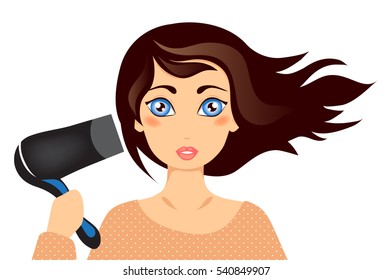 Woman with a hair dryer. White background. Vector illustration.