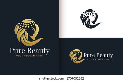 woman hair leaf salon gold gradient logo design 