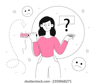 Woman with hair loss line concept. Sad young girl with comb spreads her hands thoughtfully. Frustration and depression. Problems with vitamins and health. Linear flat vector illustration