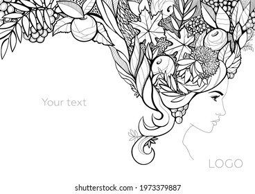 woman with hair made from leaves, berries and fruits. Fall bouquet on the head. Vector graphics. place for logo and text. cover and back page of book or magazine, booklet, brochure for hairdresser
