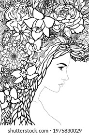 woman with hair made of leaves and flowers. Floral bouquet on the head. Vector black and white hand illustration. Cover for book or magazine, booklet, brochure for hairdresser, gardener, vegan
