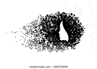 Woman with hair from notes. Vector isolated decoration element from scattered silhouettes. Conceptual illustration of beauty and style.