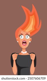 
Woman with Hair on Fire Funny Vector Character. Lady in an outburst of anger yelling feeling stressed out 
