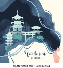 Woman hair in panorama of world famous landmarks of japan for travel advertising