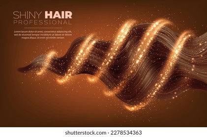 Woman hair protect shampoo. Brown hair strand wave, magic glow shine sparkle swirl of vector cosmetic product for follicle treatment. Head skin care, color protect and repair shampoo ad banner