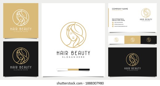 Woman hair salon and beauty gold logo design, business card